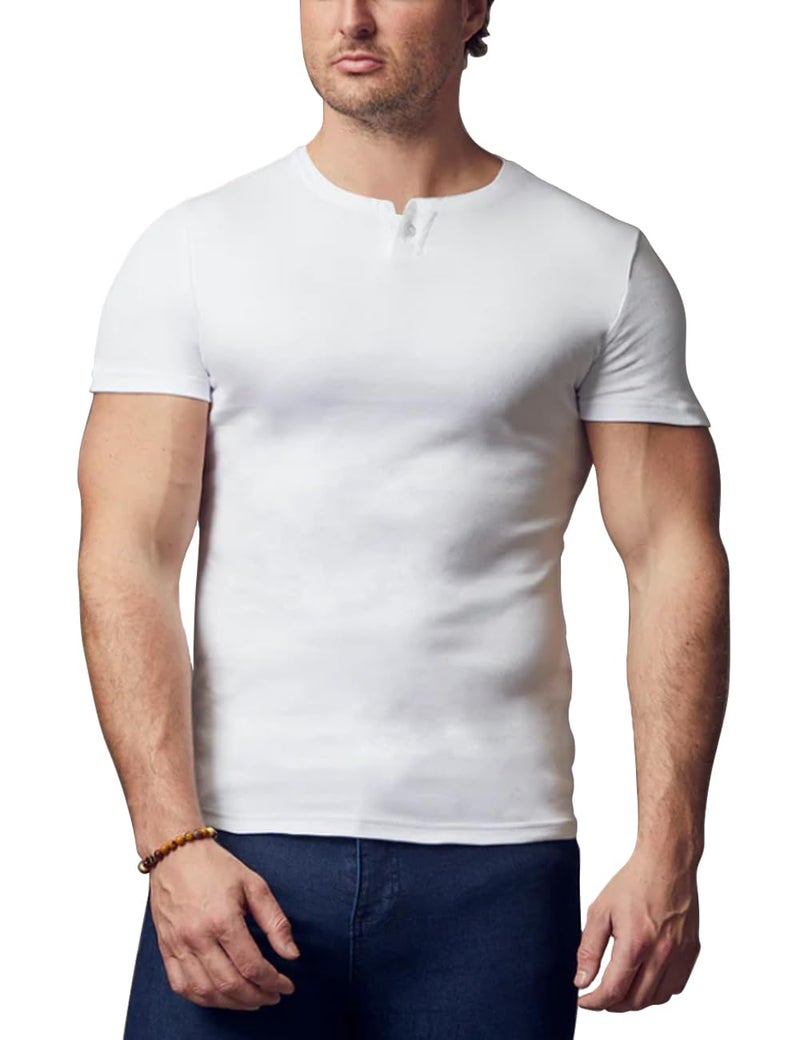 palglg Mens Short Sleeve Cotton Muscle Slim Fitted Sport Henley T-Shirt with Button White M - Image 1